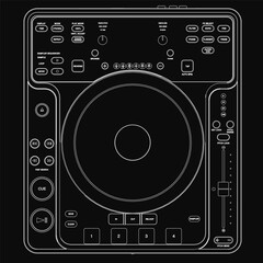 A black and white drawing of a controller featuring detailed knobs, faders, and performance pads for precise music mixing. The vinyl-style jog wheels and sampler controls. © German Ovchinnikov