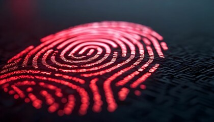 Glowing red fingerprint displayed on a dark, circuit board surface, showcasing security.