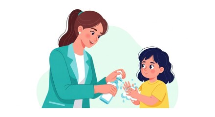 Woman Helps Child Sanitize Hands