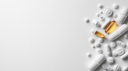 Flat lay of various pills and capsules scattered on a white background. the pills are of different sizes and shapes, with some being white and others being orange.