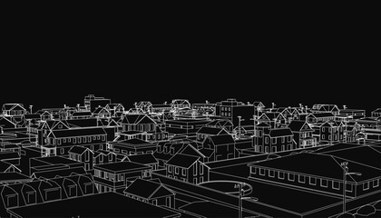 Black and white cityscape illustration featuring multiple buildings and utility poles in the foreground. The dark background enhances the contrast, creating a dramatic urban silhouette.