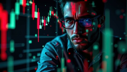 Focused Man Analyzing Stock Market Data with Graphs and Charts