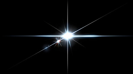 Bright White Lens Flare with Sharp Starburst Effect and Glare on Dark Background, Digital Light Overlay