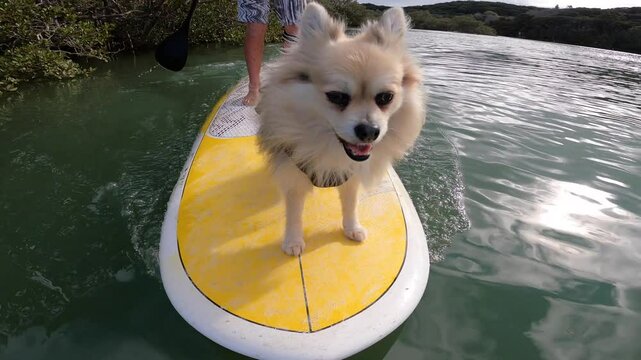 Chihuahua spitz dog riding nose of standup paddlebaord