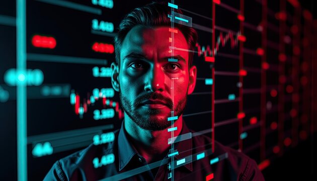 Businessman Analyzing Stock Market Trends with High Contrast Colors
