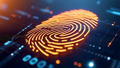 A glowing orange fingerprint graphic displayed on a futuristic circuit board.