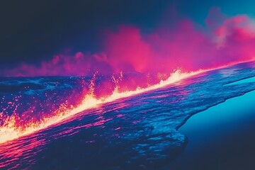 Naklejka premium Vibrant Pink and Blue Ocean Waves Crashing Under a Dramatic Sky