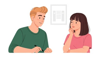 Fototapeta premium Man and Woman Talking with Documents on Wall