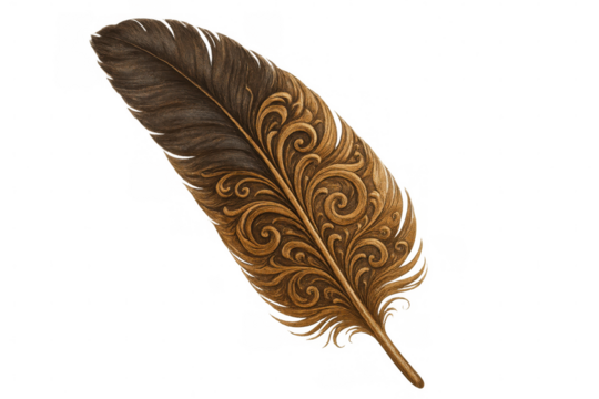 Gold swirls embellishing partially brown feather, displaying intricate decorative pattern against transparent backdrop