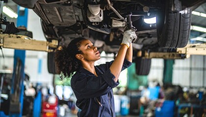A female mechanic wearing gloves works underneath a car on a lift in an auto repair shop, looking up at the vehicle's undercarriage.