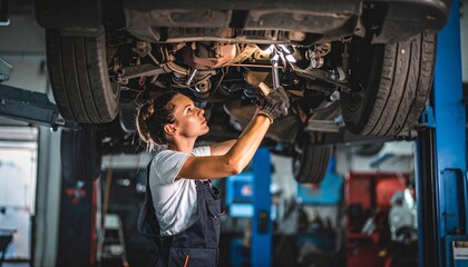 A female mechanic wearing overalls and gloves inspects the undercarriage of a car lifted on a hydraulic lift in a garage, using a flashlight.