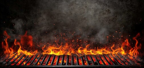 Portable BBQ Grill with Flaming Fire and Charcoal Embers on Black Background Hot empty barbecue