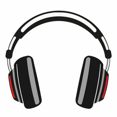 A vector illustration of modern black over-ear headphones with silver accents and red highlights. Ideal for music, audio, or entertainment themes.