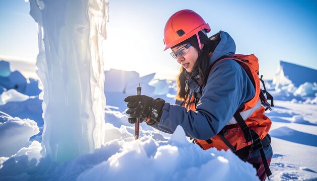 Scientist in Antarctica examines an ice core sample, wearing safety gear and working in a bright, snowy landscape.