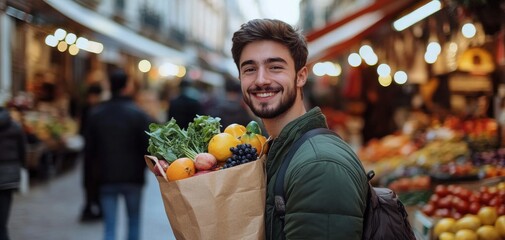 Obraz premium Smiling Young Man With Vegetables Grocery Bag - Bearded and Cheerful Male happy paper package
