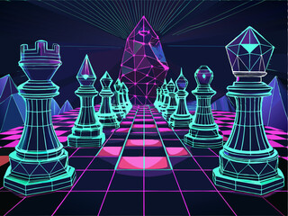 abstract chess pieces Complete Wireframe Chess Set Vector &ndash; Low Poly Digital Strategy Board