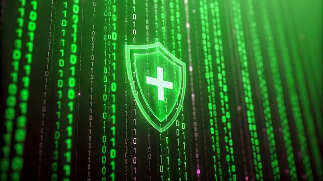 A data security concept featuring a shield with a plus sign, indicating health, medicine, and secure digital information with binary code background.