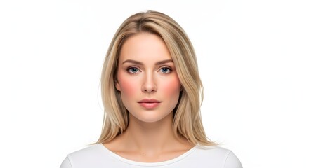 Portrait of a blonde woman with fair skin and light blue eyes on white