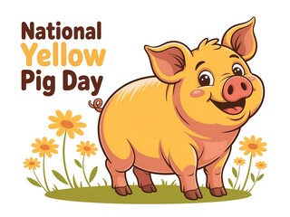 Happy yellow pig celebrating national yellow pig day surrounded by cheerful daisies in a grassy field