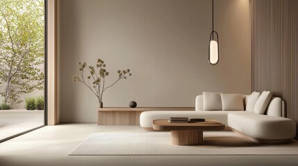Modern living room with a large window on the left side. the window has a view of trees and greenery outside. the walls are painted in a light beige color and the floor is covered with a white rug.