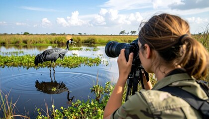 Woman taking a photo of a grey crowned crane wading in a shallow pond in a grassy wetland landscape.