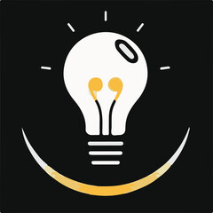 A stylized vector image of a white light bulb with glowing yellow filaments shaped like earbuds, emanating light rays, set against a dark background, signifying ideas or audio inspiration.