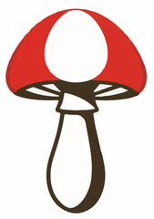 A simple vector illustration of a red mushroom with a white stem and dark gills, outlined in brown, on a plain white background.