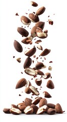 Obraz premium Falling Almonds, Chunks, and Crushed Pieces Captured in Motion Against a White Background for Culinary and Snack Themes