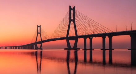 Sunrise Silhouette of a Cable-Stayed Bridge over Calm Water