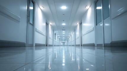 Obraz premium A modern hospital corridor with sleek lighting, showcasing a clean and sterile environment for patient care.