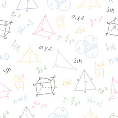 Seamless pattern of mathematical formulas, geometry shapes, equations, and diagrams in pastel colors on transparent background.