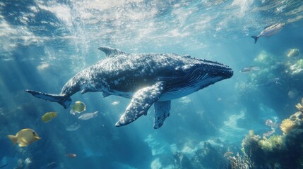 Fototapeta premium Underwater whale in vibrant coral reef