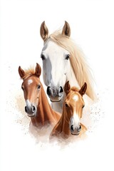 Obraz premium A family of horses, isolate on white background, standing together with playful and loving expressions.