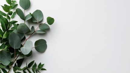 Flat lay of a branch of eucalyptus leaves on a white background. the leaves are arranged in a way that they are overlapping each other, creating a border around the image.