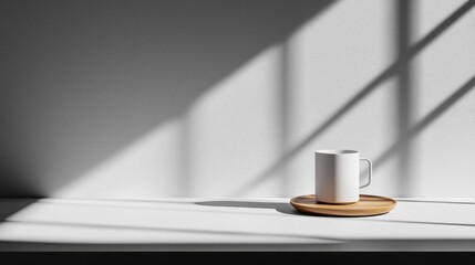White coffee cup and saucer on a wooden tray on a white surface. the background is a plain white wall with a shadow cast on it.