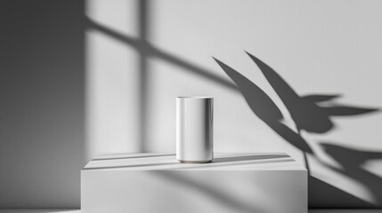3d rendering of a white vase on a white pedestal. the vase is cylindrical in shape and appears to be made of a shiny, metallic material. it is placed on the pedestal in front of a plain white wall.