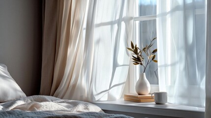 Bedroom window with white curtains. the window is open and the sunlight is shining through the curtains, creating a soft glow on the bed.
