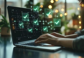 Hands typing on laptop with digital checkmarks and lights in background symbolizing technology and data confirmation processes