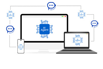 Networking and communication between ai agents showing on the multiple devices connected with bots design, tech backdrop