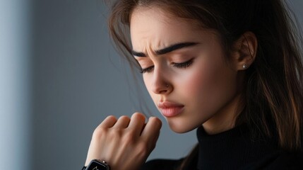 Close-up portrait of a young woman with long dark hair. she is wearing a black turtleneck sweater and has a watch on her wrist.