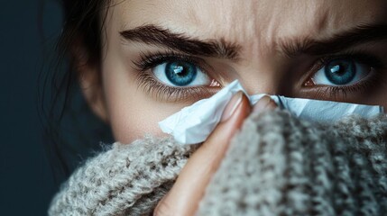 Close-up of a young woman's face, with blue eyes. she is holding a white tissue to her nose and appears to be blowing her nose. the woman is wearing a gray knitted scarf around her neck.