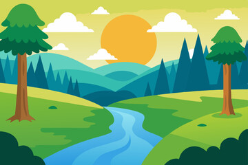 Obraz premium Serene Sunset Landscape River, Mountains, and Trees Illustration