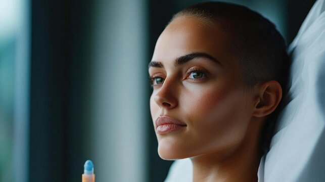 Close-up portrait of a young woman with a shaved head. she is looking off to the side with a thoughtful expression on her face.