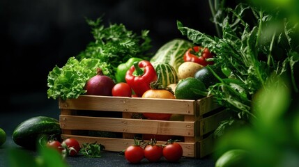 Wooden crate filled with various fresh vegetables and fruits. the crate is placed on a dark background with a few green leaves scattered around it.