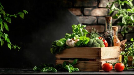 Wooden crate filled with fresh vegetables and herbs on a dark background. the crate is placed on a wooden table with a brick wall in the background.