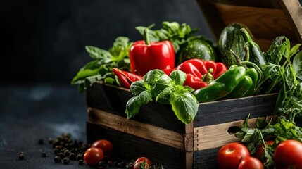 Wooden crate filled with fresh vegetables. the crate is made of dark wood and is placed on a dark grey surface.