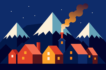 Fototapeta premium Nightfall Mountain Village Cozy Houses, Starry Sky, Peaceful Scene