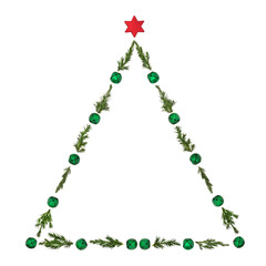 Christmas tree shape with fir, red star and green bell bauble decorations on white background,...