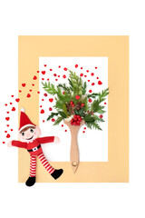 Christmas magical art with santa elf toy, paintbrush, red hearts, holly berries vibrant festive...