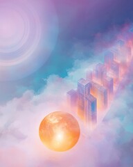 Futuristic cityscape with glowing orb in clouds.
